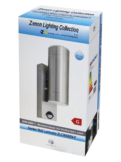 12W LED Double Outdoor Wall With PIR Movement Sensor Stainless Steel Cool White