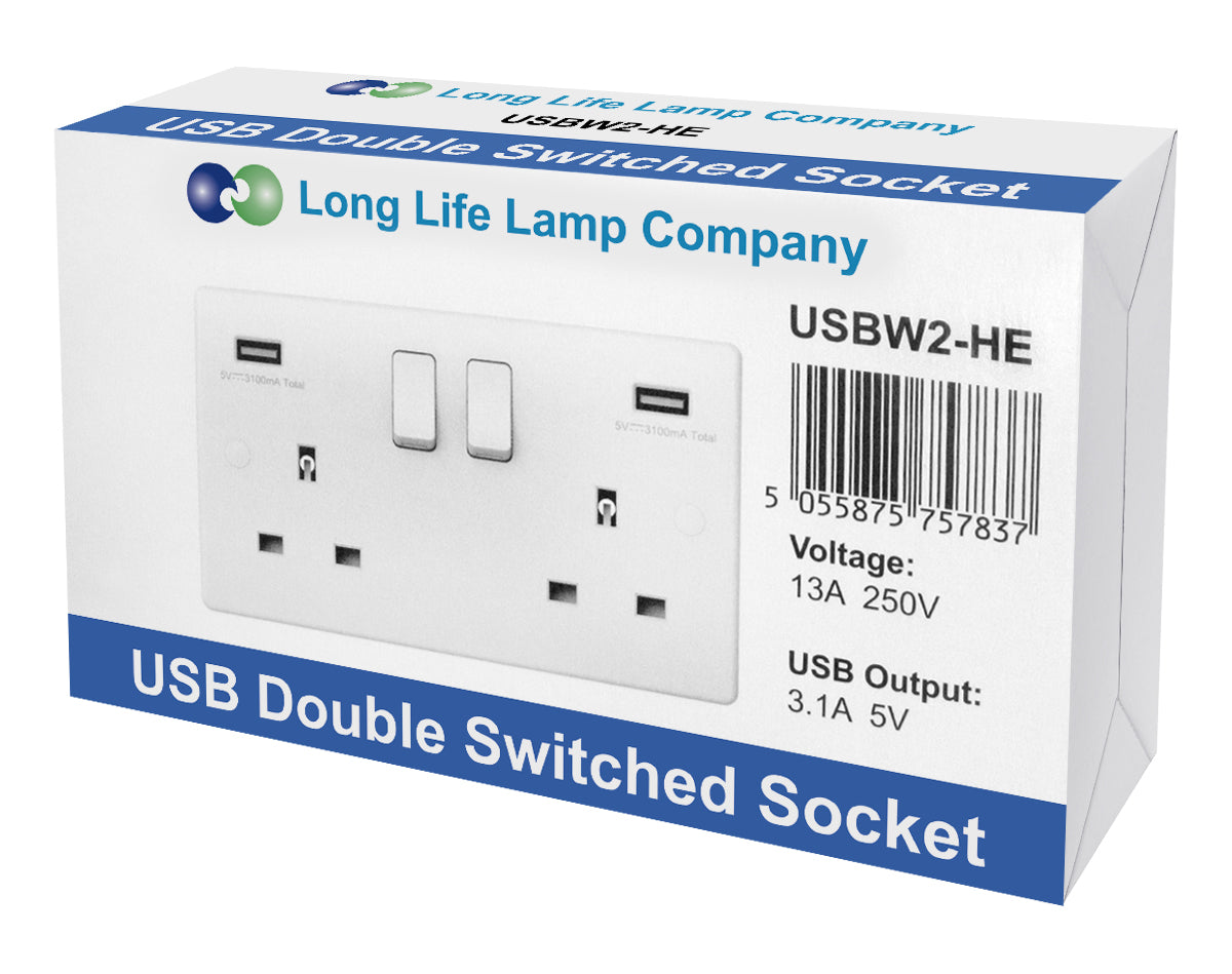 USB Double Wall Plug Socket 2 Gang 13A with 2 USB Charger Port Outlets White Socket Plate - Free delivery on all orders