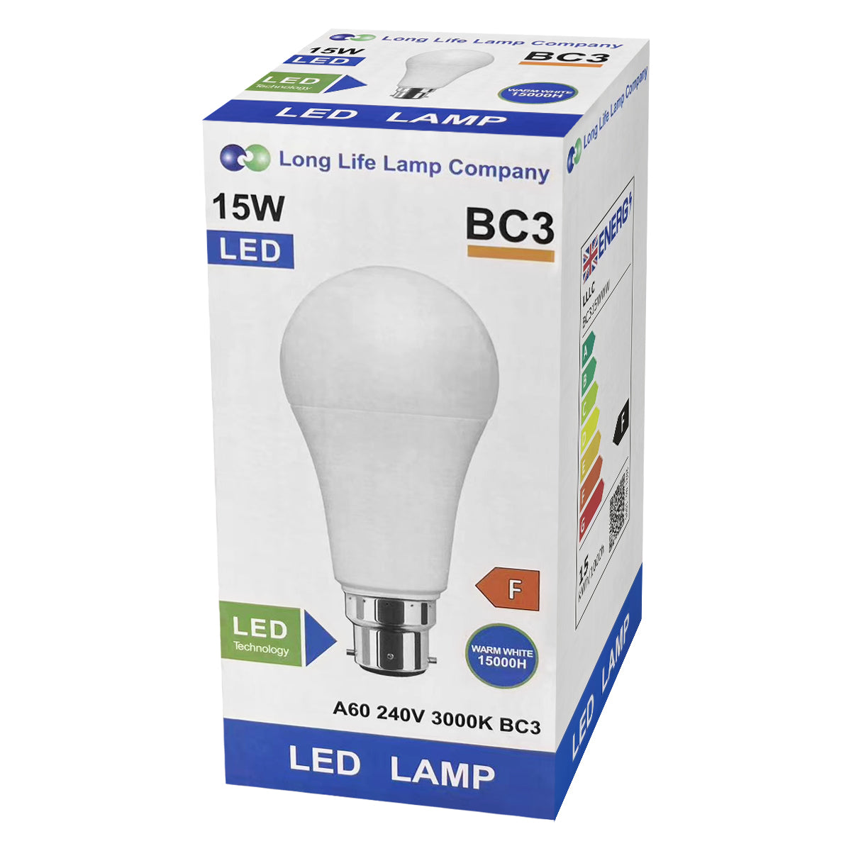 15w 3 Pin Light Bulb LED Warm White 3000K BC3