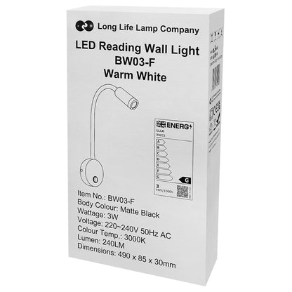 3W LED Adjustable Black Wall Mounted Reading Light with Flexible Arm Warm White 3000K