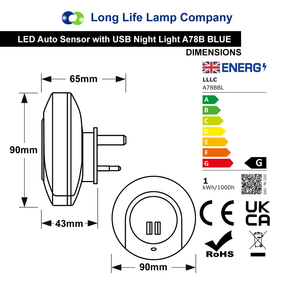 1w Blue LED Night Light 2 USB Ports Automatic Sensor Dusk To Dawn A78B - Free delivery on all orders