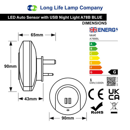 1w Blue LED Night Light 2 USB Ports Automatic Sensor Dusk To Dawn A78B - Free delivery on all orders