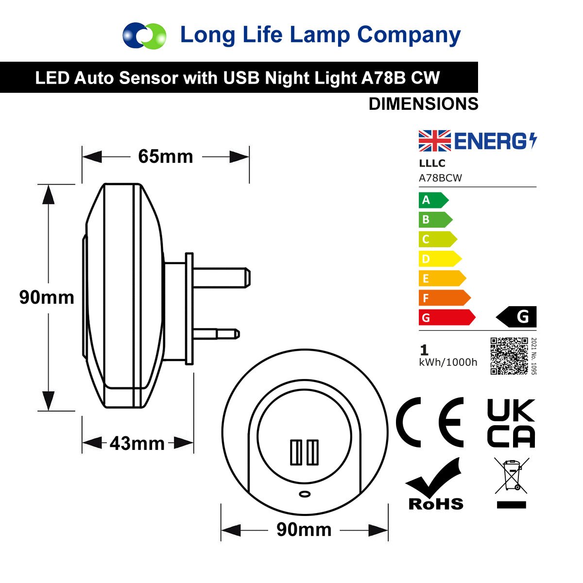 1w Cool White LED Night Light 2 USB Ports Automatic Sensor Dusk To Dawn A78B - Free delivery on all orders