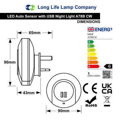 1w Cool White LED Night Light 2 USB Ports Automatic Sensor Dusk To Dawn A78B - Free delivery on all orders