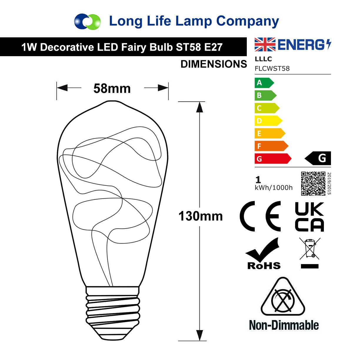 1w E27 ST58 LED Cool White Fairy String Filament Light Bulb - Free delivery on all orders