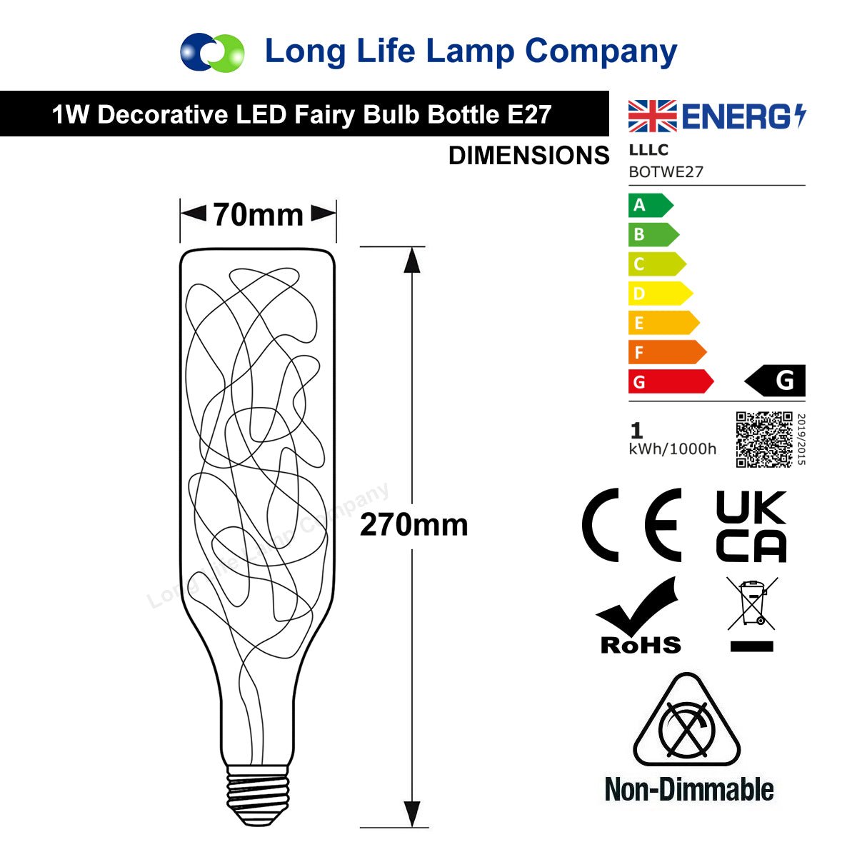1W LED Bottle Bulb E27 Warm White Fairy Filament Decorative - Free delivery on all orders