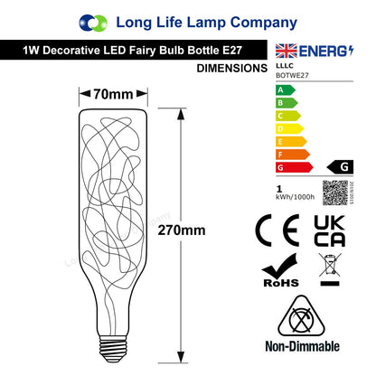 1W LED Bottle Bulb E27 Warm White Fairy Filament Decorative - Free delivery on all orders