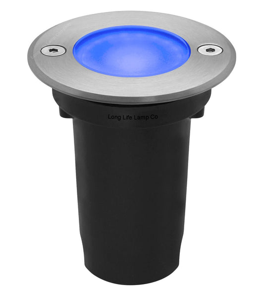 1w LED Recessed Outdoor Ground Light Round Blue Brushed Chrome Walkover Uplighter - Energy Light Bulbs - Free delivery on all orders