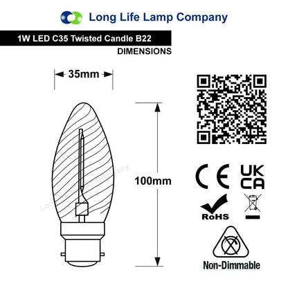 1w LED Twisted Candle B22 Vintage Filament Light Bulb Smoke Glass - Energy Light Bulbs - Free delivery on all orders