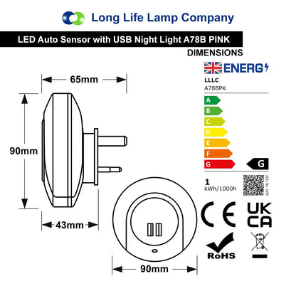 1w Pink LED Night Light 2 USB Ports Automatic Sensor Dusk To Dawn A78B - Free delivery on all orders