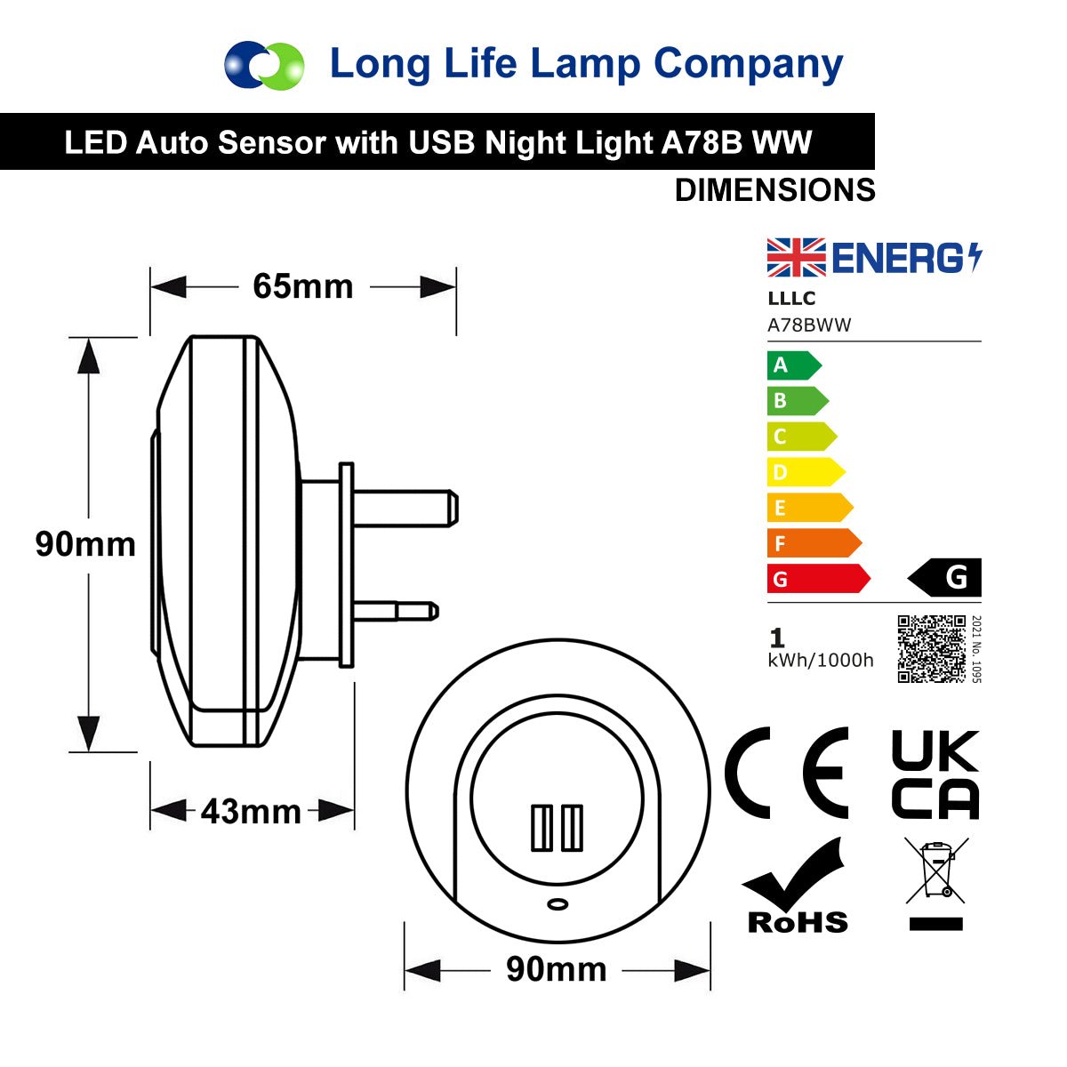1w Warm White LED Night Light 2 USB Ports Automatic Sensor Dusk To Dawn A78B - Free delivery on all orders