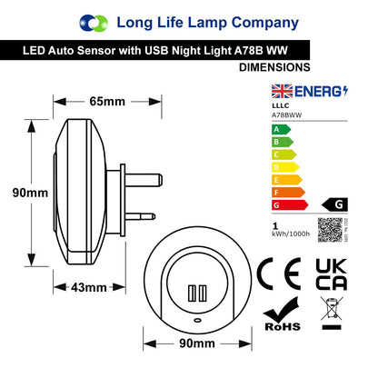 1w Warm White LED Night Light 2 USB Ports Automatic Sensor Dusk To Dawn A78B - Free delivery on all orders