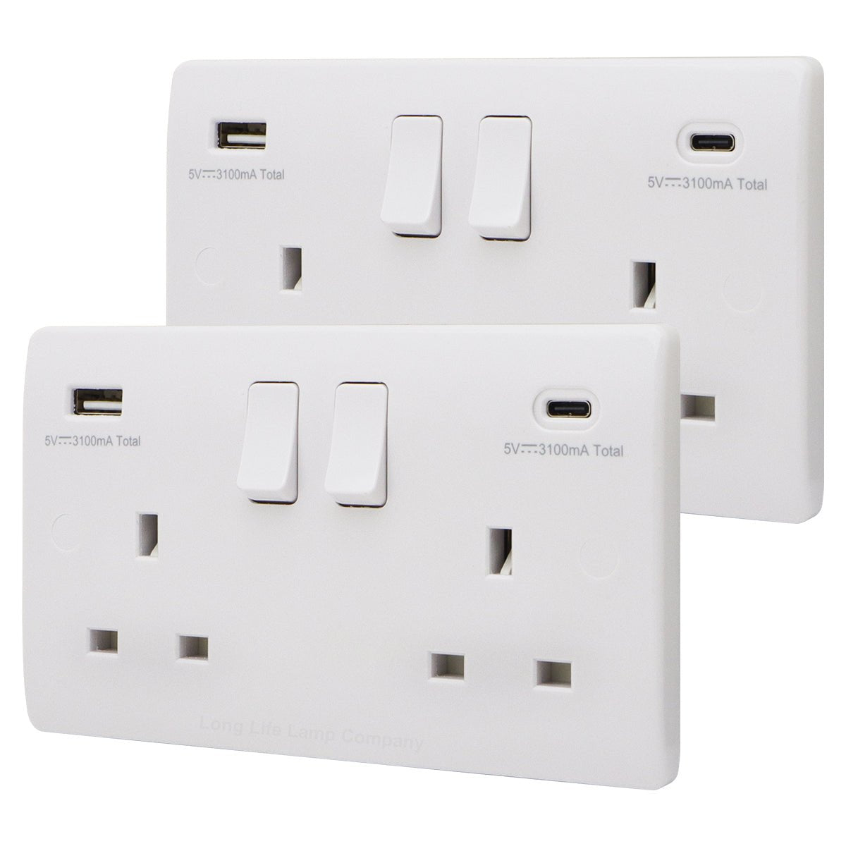 2 Gang 13amp Double Switched Socket USB C and A Charging UK Plug Wall Outlet - Energy Light Bulbs - Free delivery on all orders