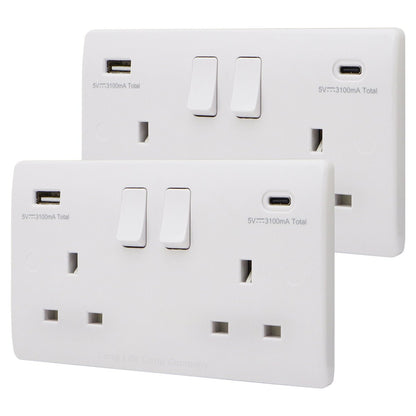 2 Gang 13amp Double Switched Socket USB C and A Charging UK Plug Wall Outlet - Energy Light Bulbs - Free delivery on all orders
