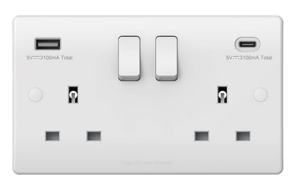 2 Gang 13amp Double Switched Socket USB C and A Charging UK Plug Wall Outlet - Energy Light Bulbs - Free delivery on all orders