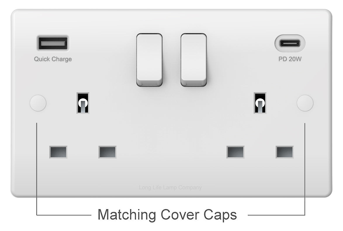 2 Gang 13amp Double Switched Socket USB C PD20W and A Quick Charge UK Plug Wall Outlet - Energy Light Bulbs - Free delivery on all orders