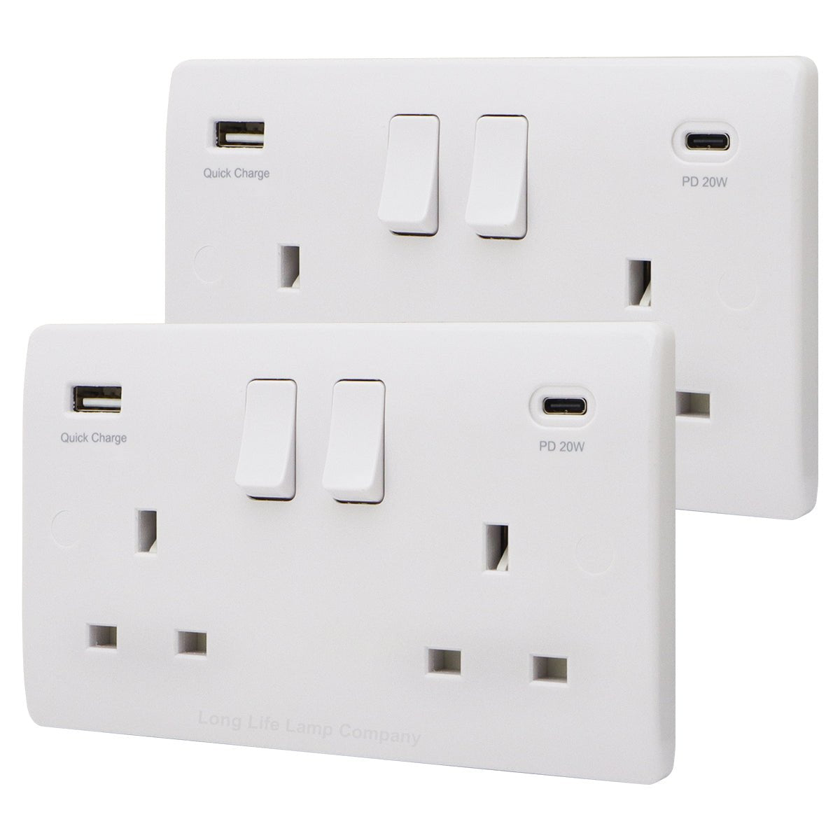 2 Gang 13amp Double Switched Socket USB C PD20W and A Quick Charge UK Plug Wall Outlet - Energy Light Bulbs - Free delivery on all orders