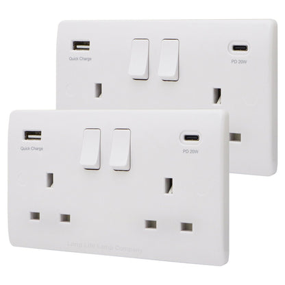 2 Gang 13amp Double Switched Socket USB C PD20W and A Quick Charge UK Plug Wall Outlet - Energy Light Bulbs - Free delivery on all orders
