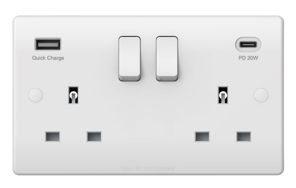 2 Gang 13amp Double Switched Socket USB C PD20W and A Quick Charge UK Plug Wall Outlet - Energy Light Bulbs - Free delivery on all orders