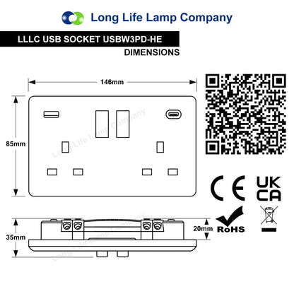 2 Gang 13amp Double Switched Socket USB C PD20W and A Quick Charge UK Plug Wall Outlet - Energy Light Bulbs - Free delivery on all orders