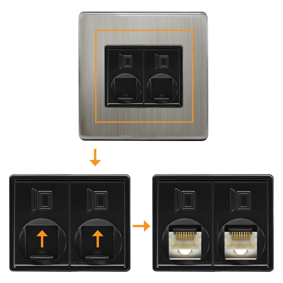 2 Gang Double Ethernet Port Data Socket CAT 5 Wall Plate Brushed Chrome Gloss N443DME - Energy Light Bulbs - Free delivery on all orders