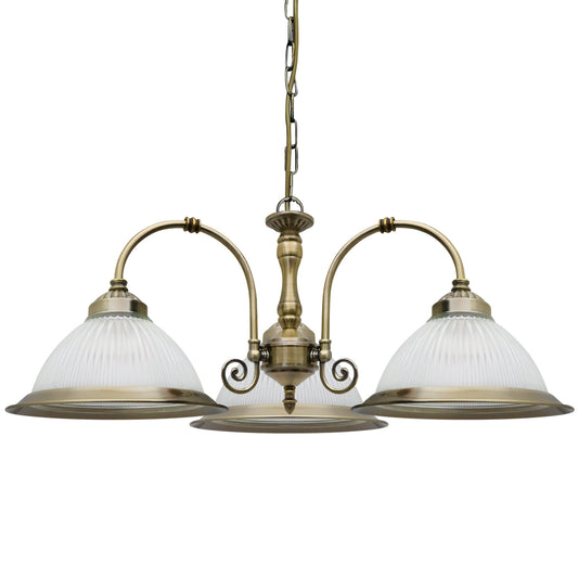 Vintage Ceiling 3 Light Antique Brass Pendant Light Ribbed Glass Lamp Shade K431