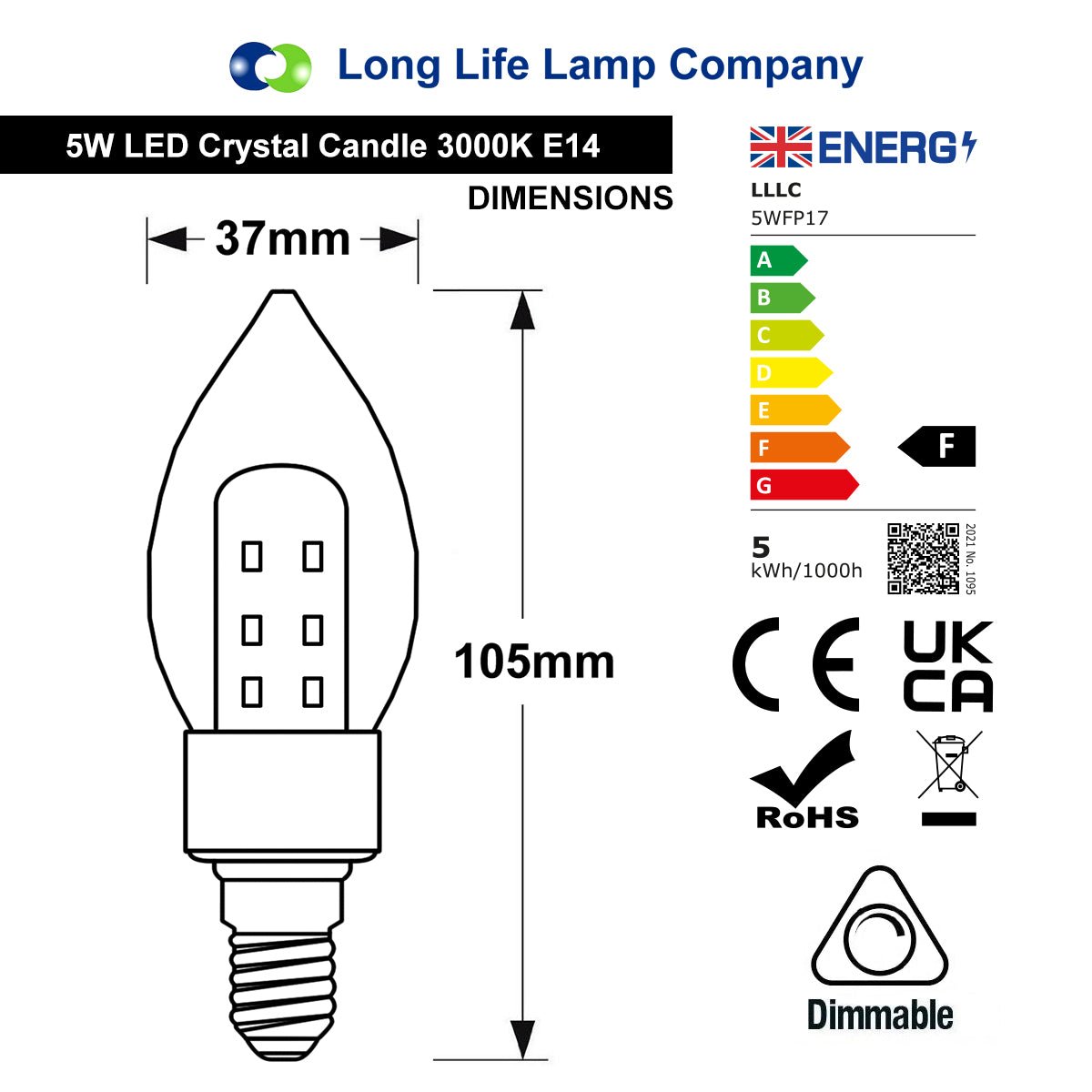 2 Pack 5W LED Crystal Candle Bulb Dimmable 3000K Warm White E14 - Energy Light Bulbs - Free delivery on all orders