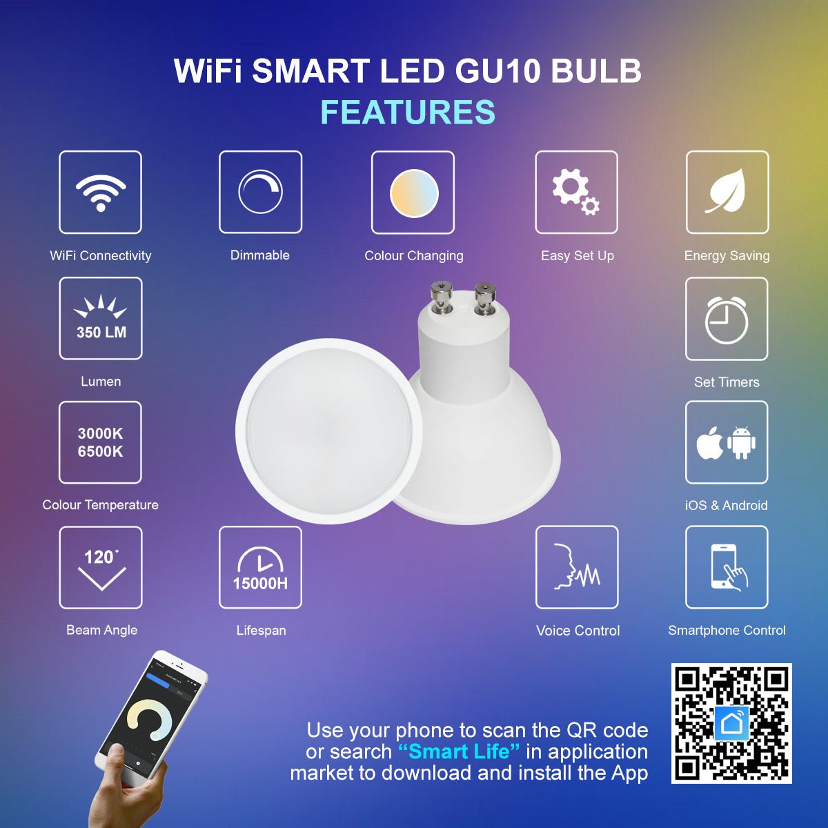 2 Pack Wifi 5W GU10 LED Smart Light Bulb Warm White to Cool White Alexa Google Controlled by Smartphone - Energy Light Bulbs - Free delivery on all orders