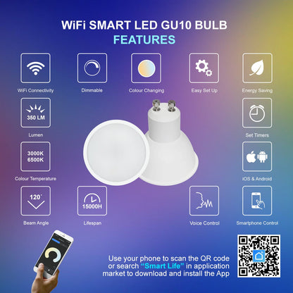 2 Pack Wifi 5W GU10 LED Smart Light Bulb Warm White to Cool White Alexa Google Controlled by Smartphone - Energy Light Bulbs - Free delivery on all orders