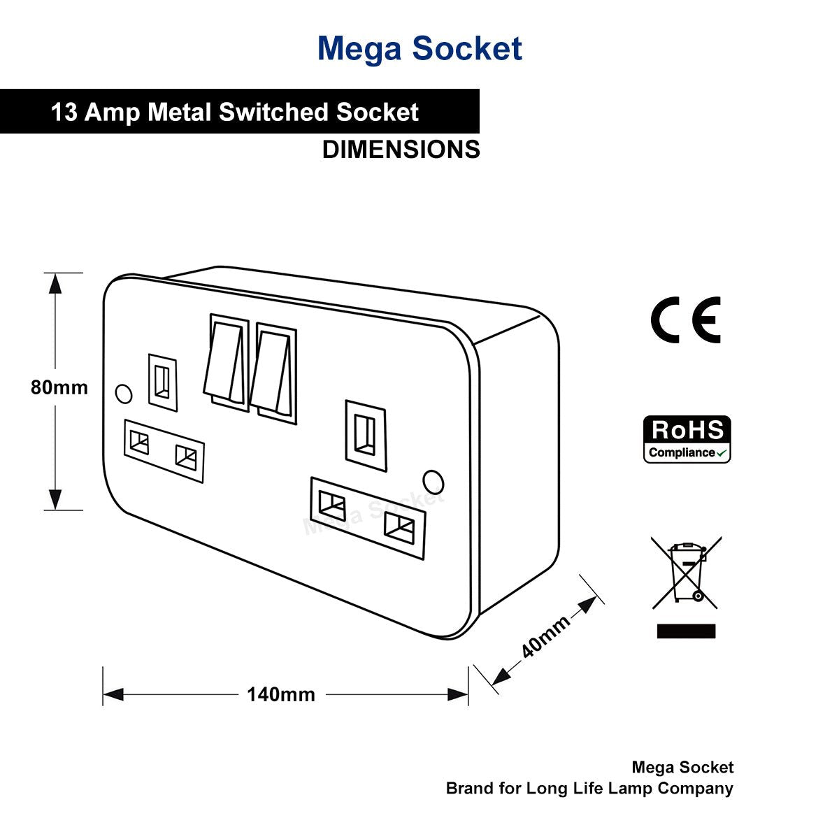 2 X 13 Amp Metal Clad Socket 2 Gang Switched Socket Outlet - Energy Light Bulbs - Free delivery on all orders