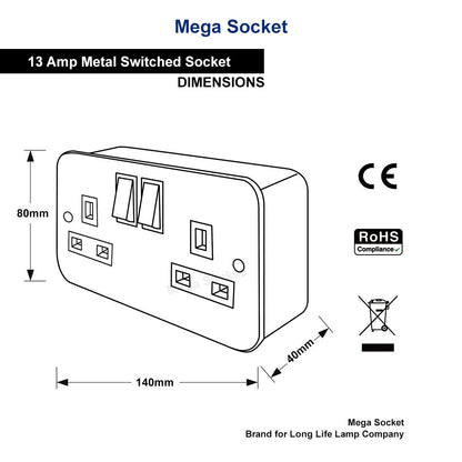 2 X 13 Amp Metal Clad Socket 2 Gang Switched Socket Outlet - Energy Light Bulbs - Free delivery on all orders
