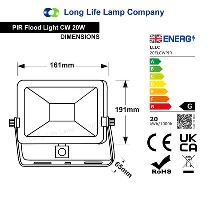 20w LED PIR Flood Light IP65 Outdoor Security Light with Motion Sensor Cool White - Energy Light Bulbs - Free delivery on all orders