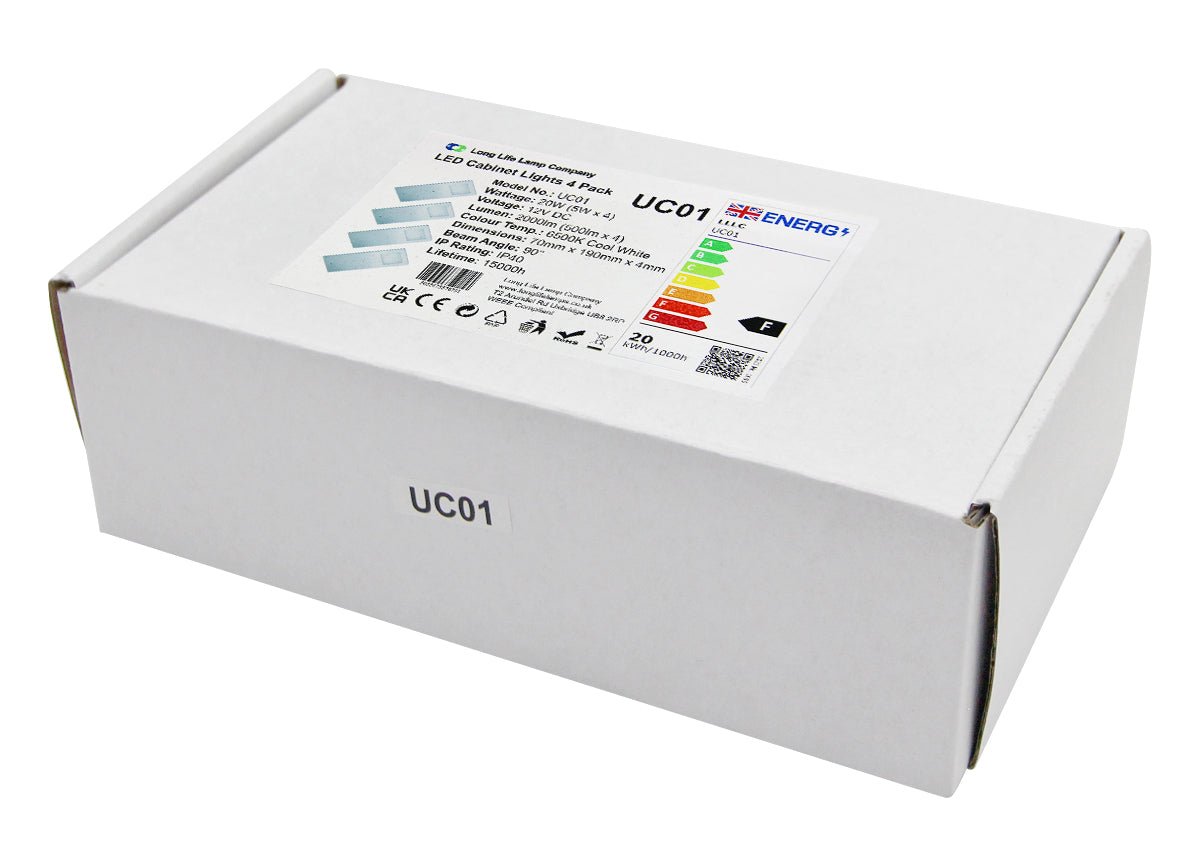20w LED Under Cabinet Kitchen Lights Slim Rectangular Cool White 6500k Kit of 4 - Energy Light Bulbs - Free delivery on all orders