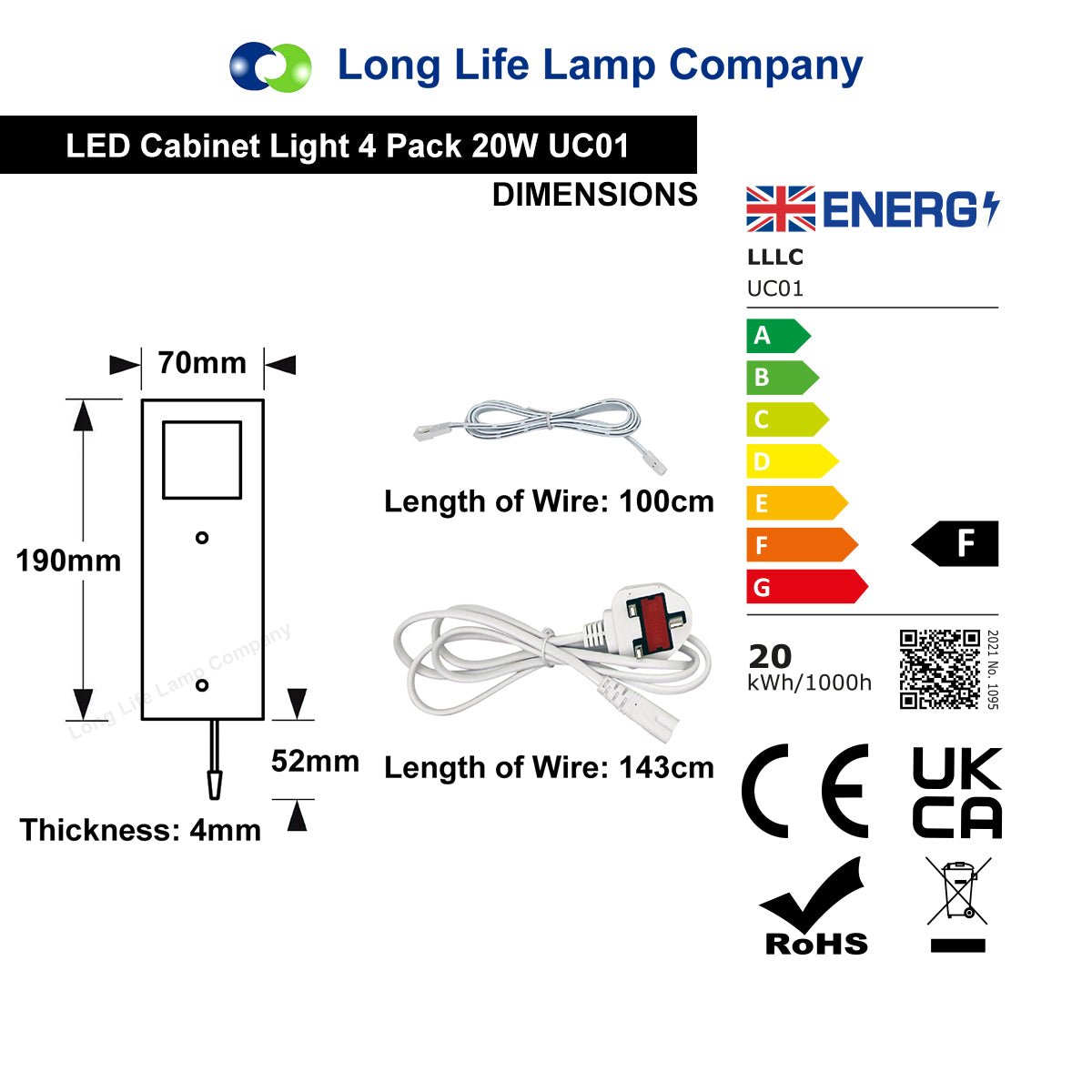 20w LED Under Cabinet Kitchen Lights Slim Rectangular Cool White 6500k Kit of 4 - Energy Light Bulbs - Free delivery on all orders
