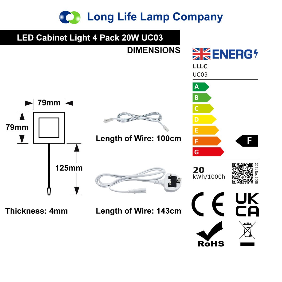 20W LED Under Cabinet Kitchen Lights Slim SQUARE Cool White 6500K Kit of 4 - Energy Light Bulbs - Free delivery on all orders