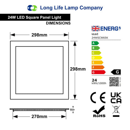 24w LED Square Recessed Ceiling Flat Panel Ultra slim Cool White 300mm x 300mm - Energy Light Bulbs - Free delivery on all orders