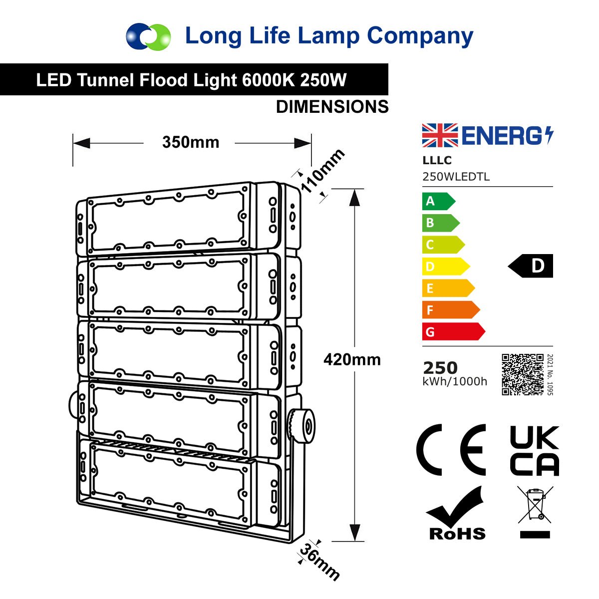 250w LED Tunnel Light High Brightness Security Flood Light IP65 6000K 250WLEDTL - Free delivery on all orders