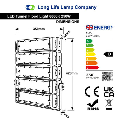 250w LED Tunnel Light High Brightness Security Flood Light IP65 6000K 250WLEDTL - Free delivery on all orders
