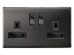 Double Wall Socket Switched Black Nickel 2 Gang Screwless 13a Double Pole N410GME
