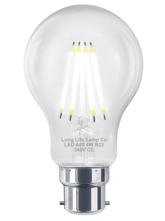 A60 4W LED Filament Light Bulb Cool White B22 BC Bayonet Cap Clear Glass