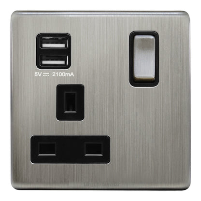 1 Gang USB Switch Socket 13A Twin Port Brushed Chrome Single Plug Wall Outlet N501DME