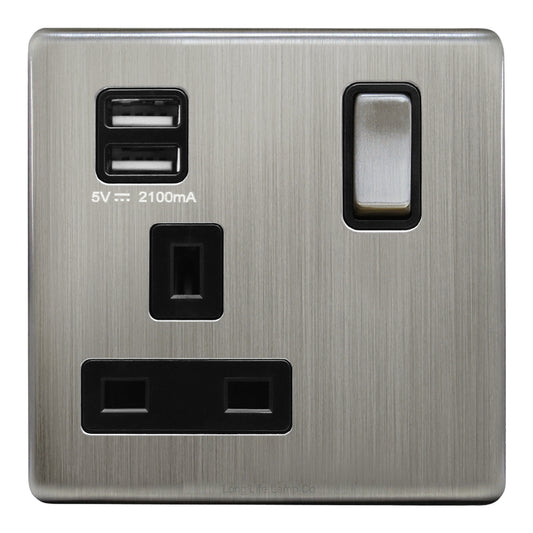 1 Gang USB Switch Socket 13A Twin Port Brushed Chrome Single Plug Wall Outlet N501DME