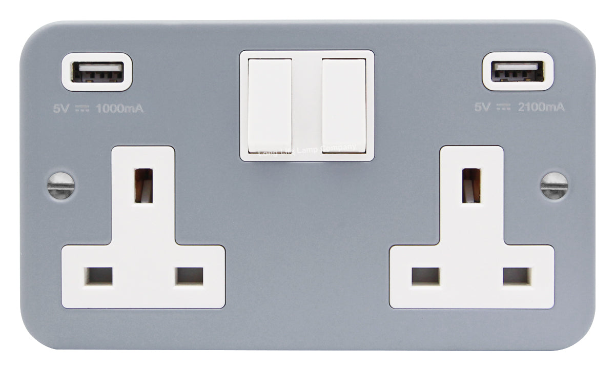 13A Metal Clad 2 Gang Socket with Dual USB Charger