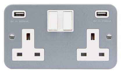 13A Metal Clad 2 Gang Socket with Dual USB Charger