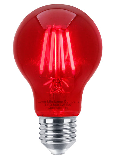 6W LED RED Light Bulb E27 Screw Cap Glass A60