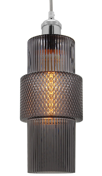 Modern Vintage Ceiling Pendant Lamp Shade Smoked Grey Cylindrical Glass H3045