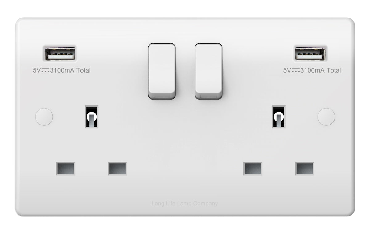 USB Double Wall Plug Socket 2 Gang 13A with 2 USB Charger Port Outlets White Socket Plate USBW2