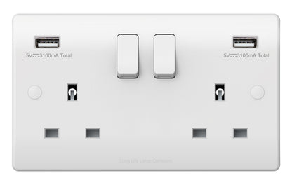 USB Double Wall Plug Socket 2 Gang 13A with 2 USB Charger Port Outlets White Socket Plate USBW2