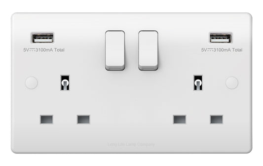 USB Double Wall Plug Socket 2 Gang 13A with 2 USB Charger Port Outlets White Socket Plate USBW2