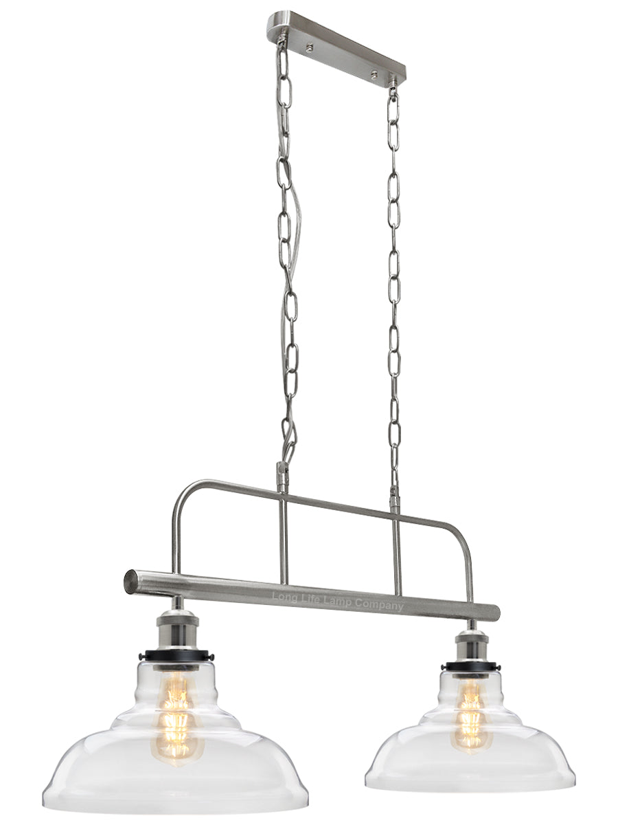 Industrial Ceiling Brush Chrome Bar 2 Clear Glass Lamp Shade Pendant Light H3131